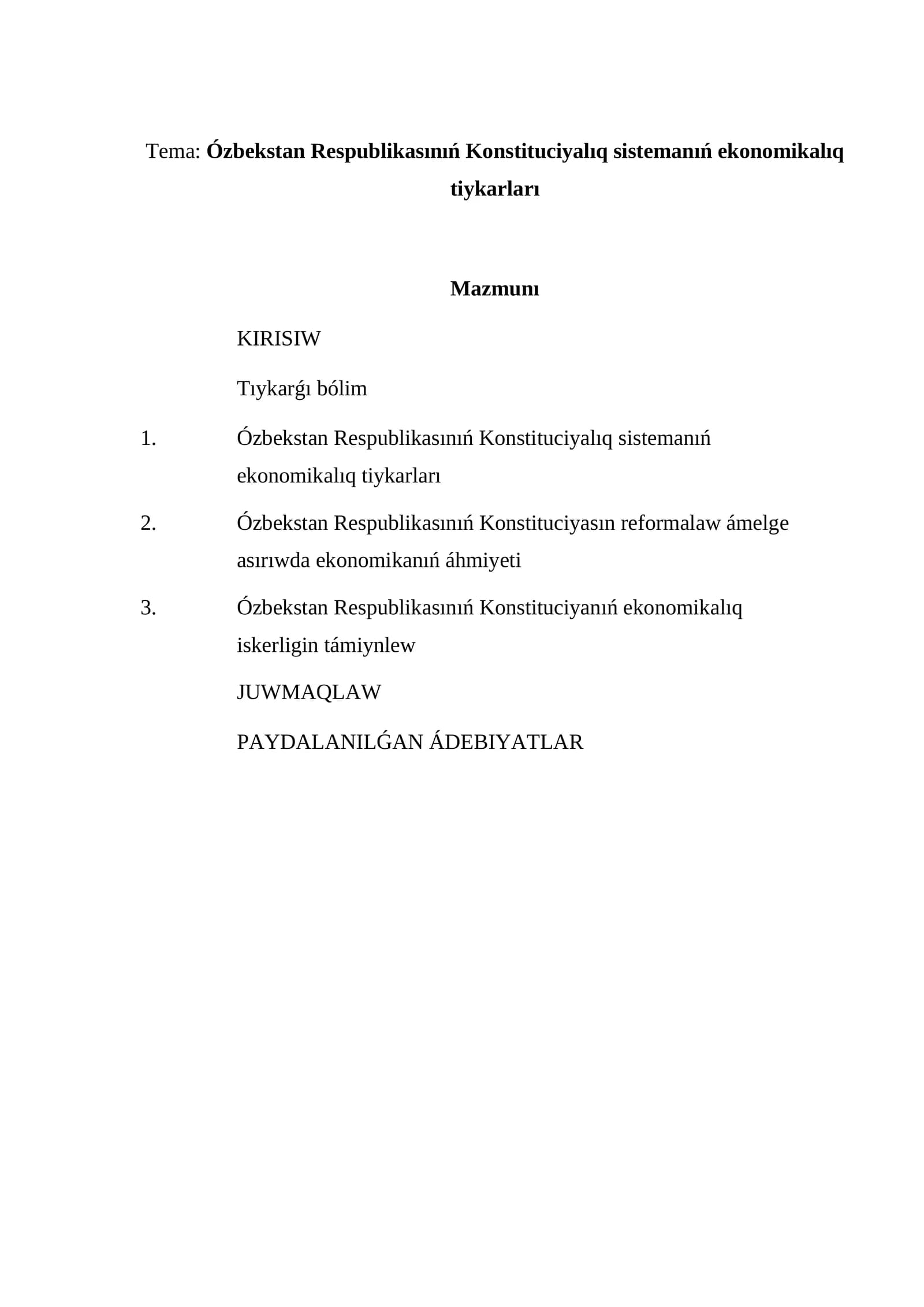 Ózbekstan Respublikasınıń Konstituciyalıq sistemanıń ekonomikalıq tiykarları