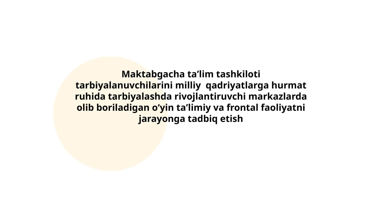Maktabgacha taʼlim tashkiloti tarbiyalanuvchilarini milliy qadriyatlarga hurmat ruhida tarbiyalashda rivojlantiruvchi markazlarda olib boriladigan oʻyin taʼlimiy va frontal faoliyatni jarayonga tadbiq etish