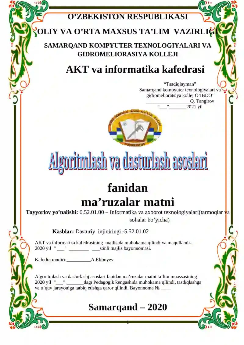Algoritmlash va dasturlash