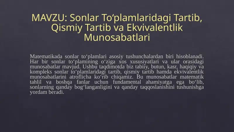 sonlar toplamidagi tartib qismiy tartib va ekvivalentlik