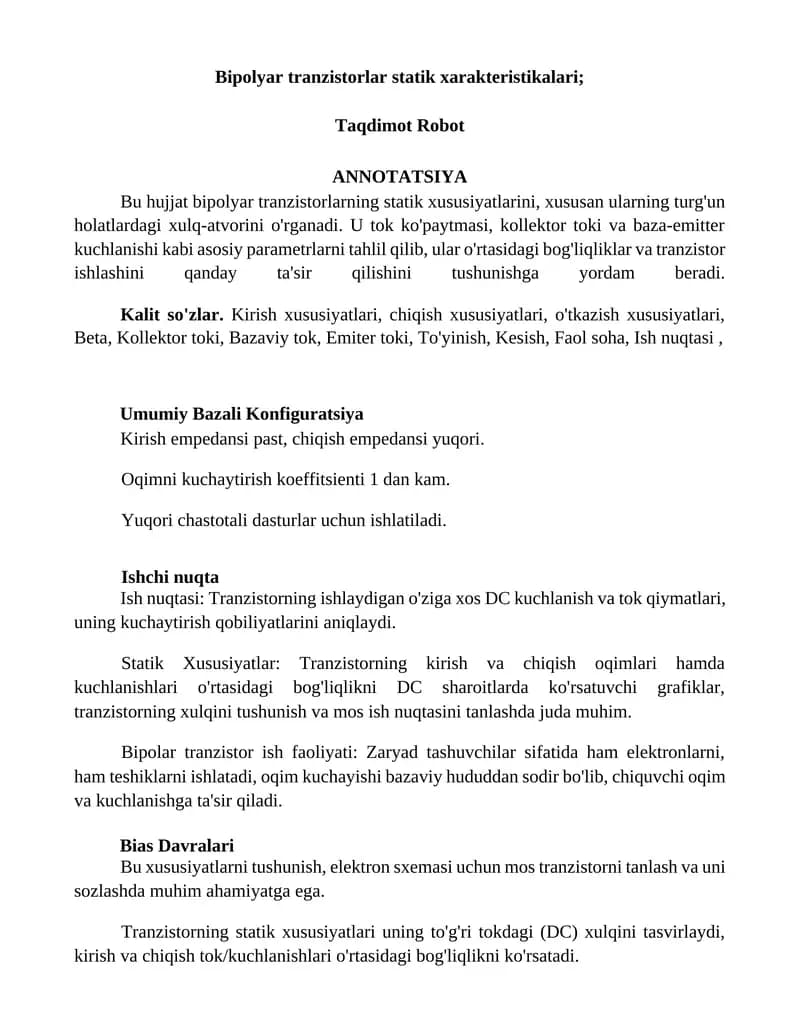 Bipolyar tranzistorlar statik xarakteristikalari