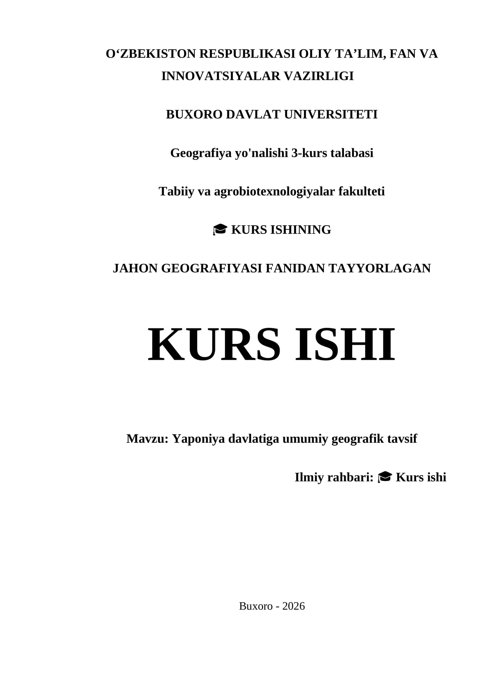 JAHON GEOGRAFIYASI FANIDAN TAYYORLAGAN KURS ISHI