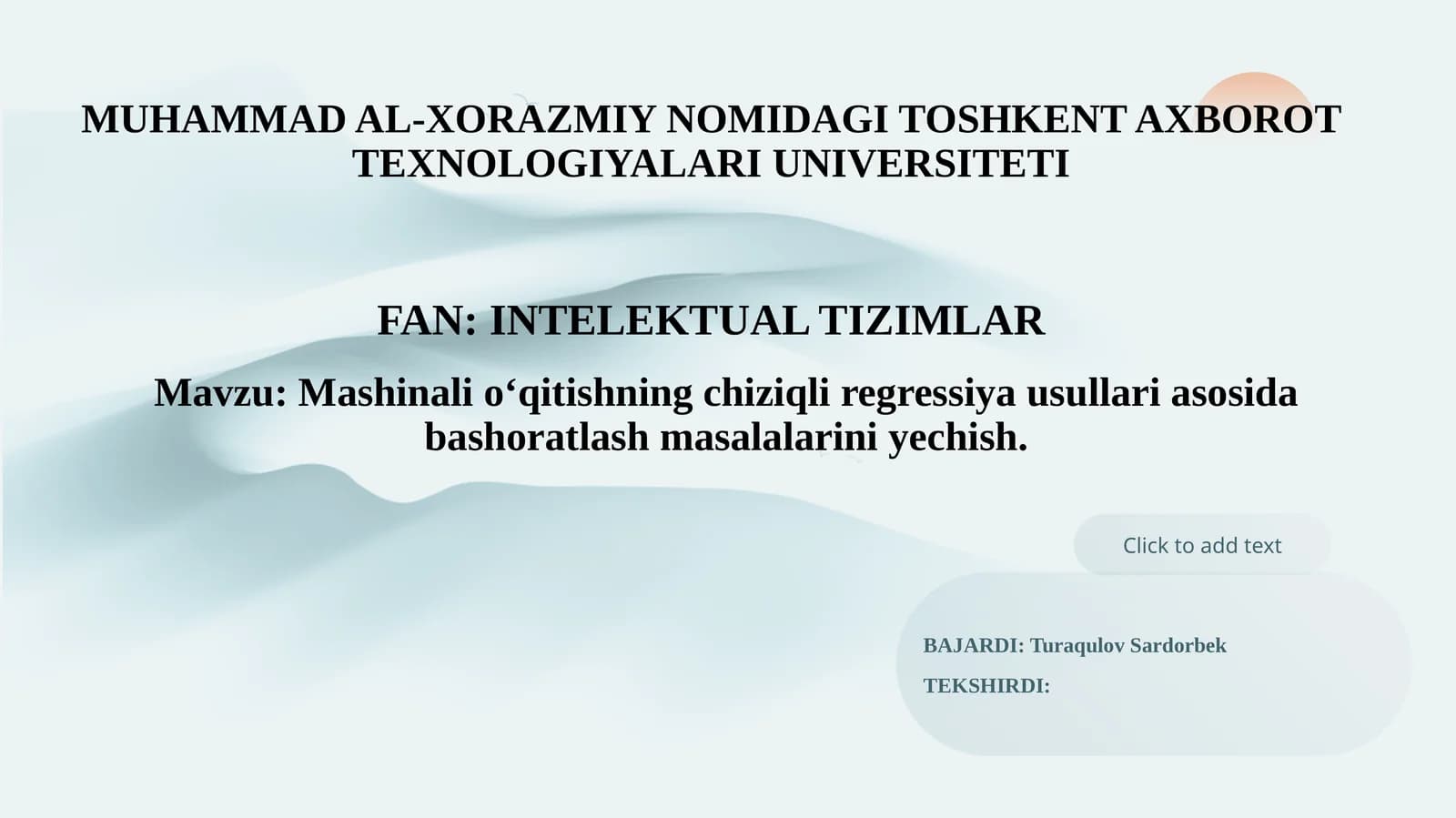 Mashinali o‘qitishning chiziqli regressiya usullari asosida bashoratlash masalalarini yechish.