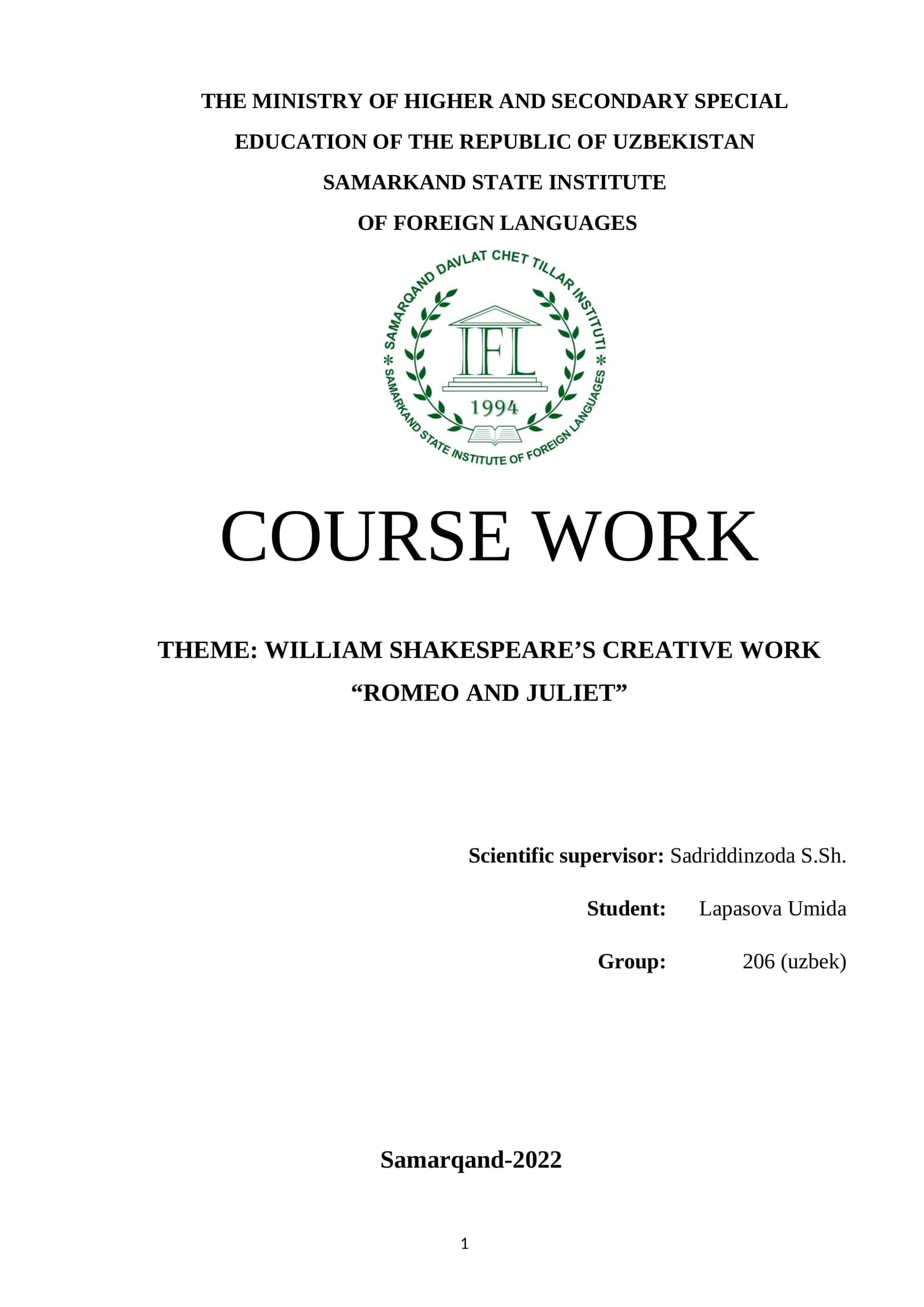 WILLIAM SHAKESPEARE’S CREATIVE WORK “ROMEO AND JULIET”
