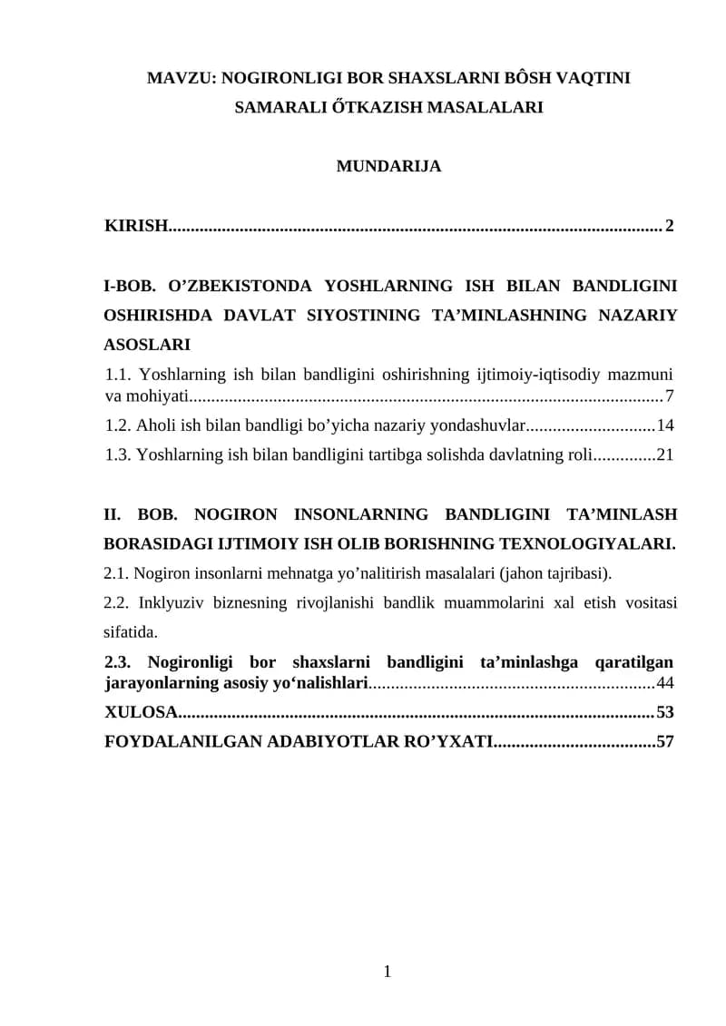 NOGIRONLIGI BOR SHAXSLARNI BÔSH VAQTINI SAMARALI ŐTKAZISH MASALALARI