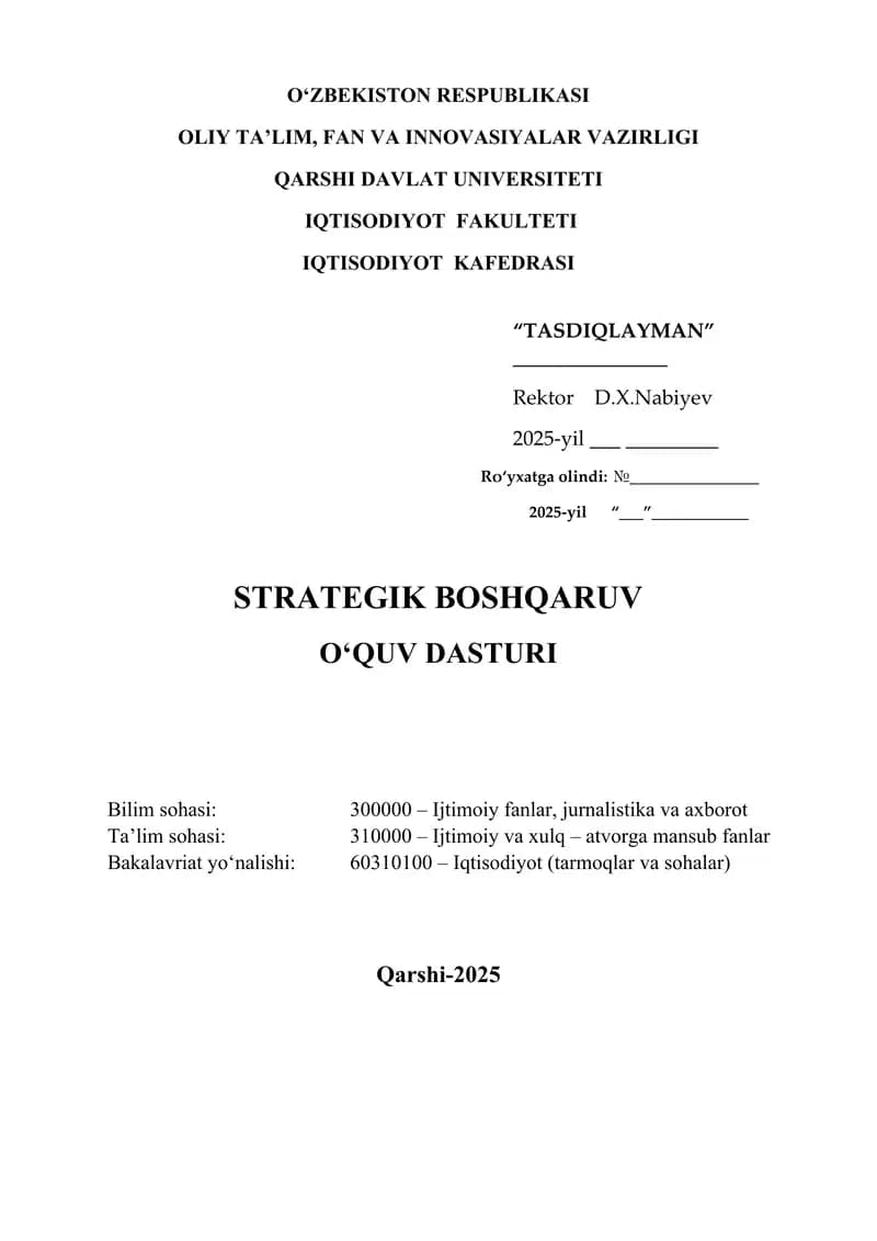 strategik boshqaruv fanidan Fan dasturi