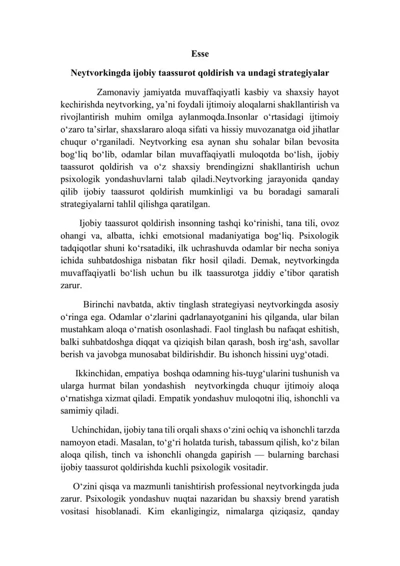 Neytvorkingda ijobiy taassurot qoldirish va undagi strategiyalar