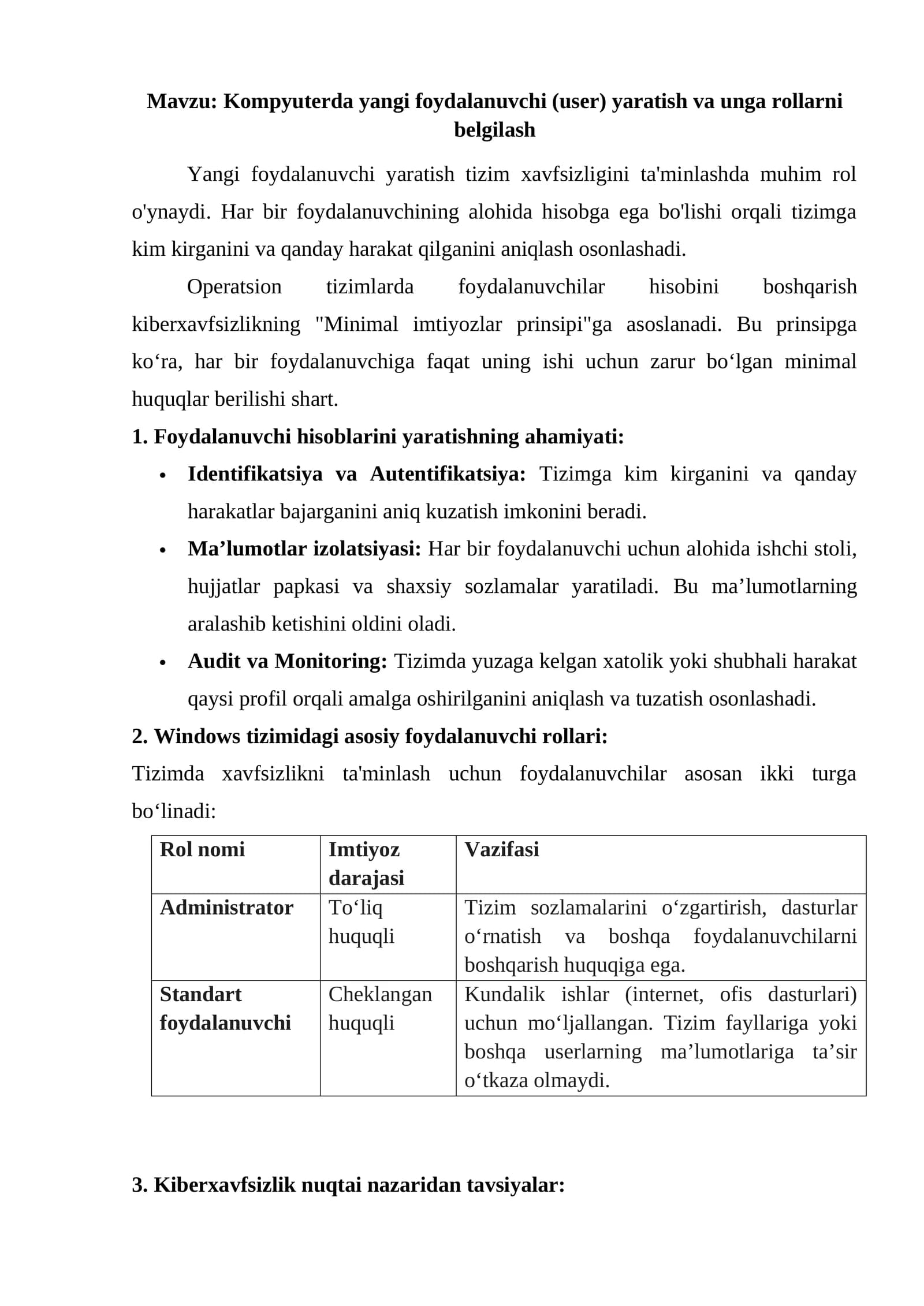 Kompyuterda yangi foydalanuvchi (user) yaratish va unga rollarni belgilash