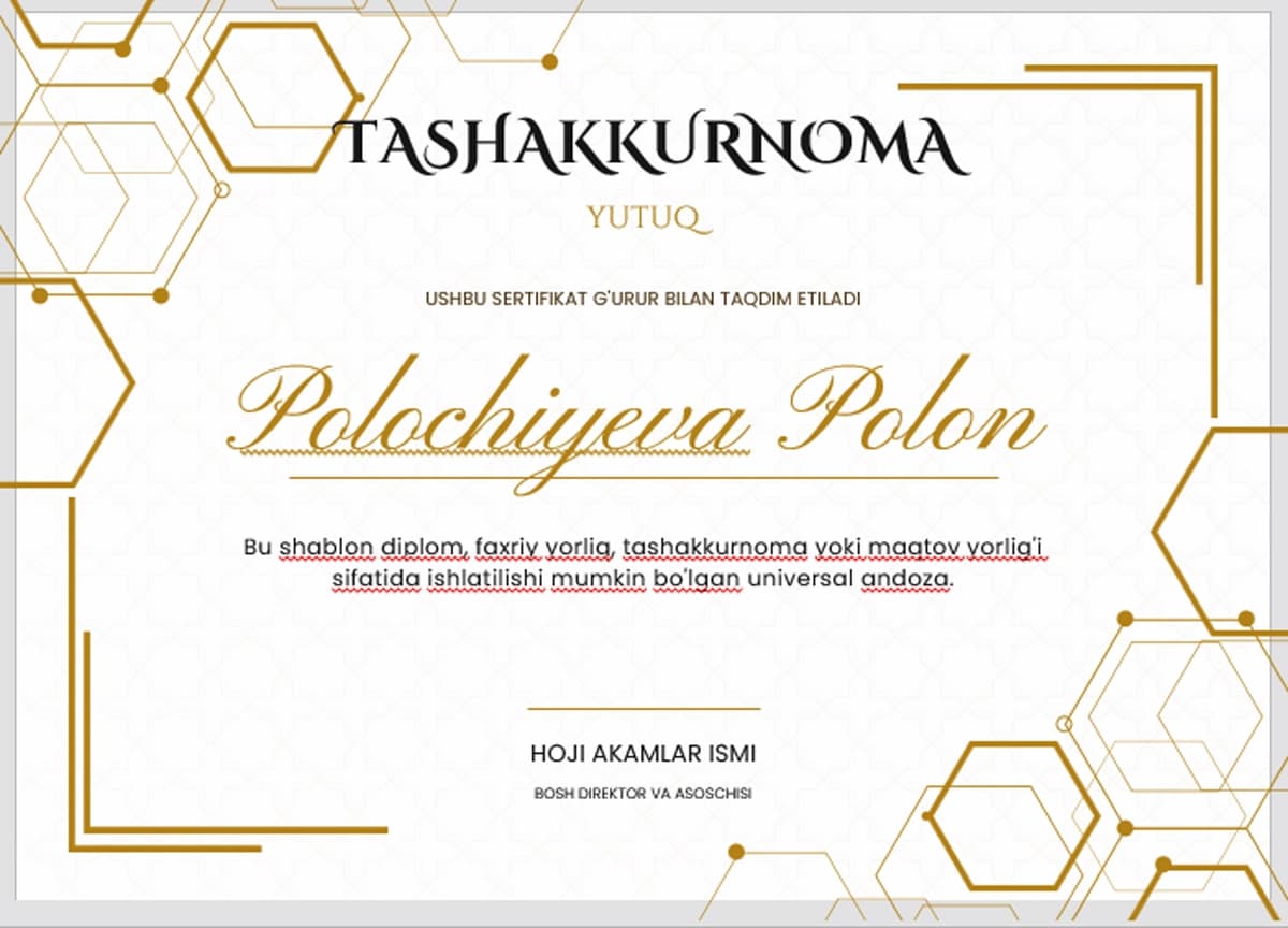 TASHAKKURNOMA shablon tayyor andoza