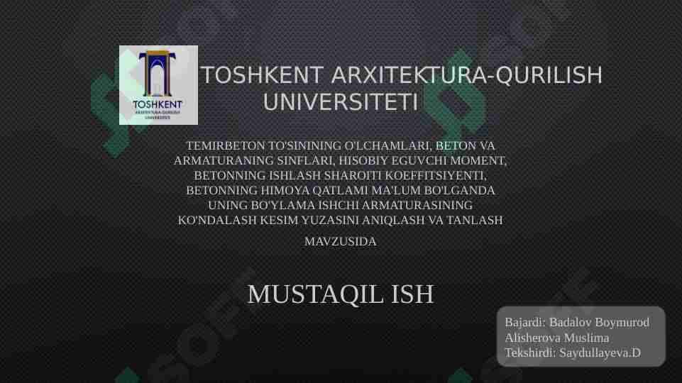 Temirbeton to'sinining o'lchamlari, beton va armaturaning sinflari, hisobiy eguvchi moment, betonning ishlash sharoiti koeffitsiyenti.