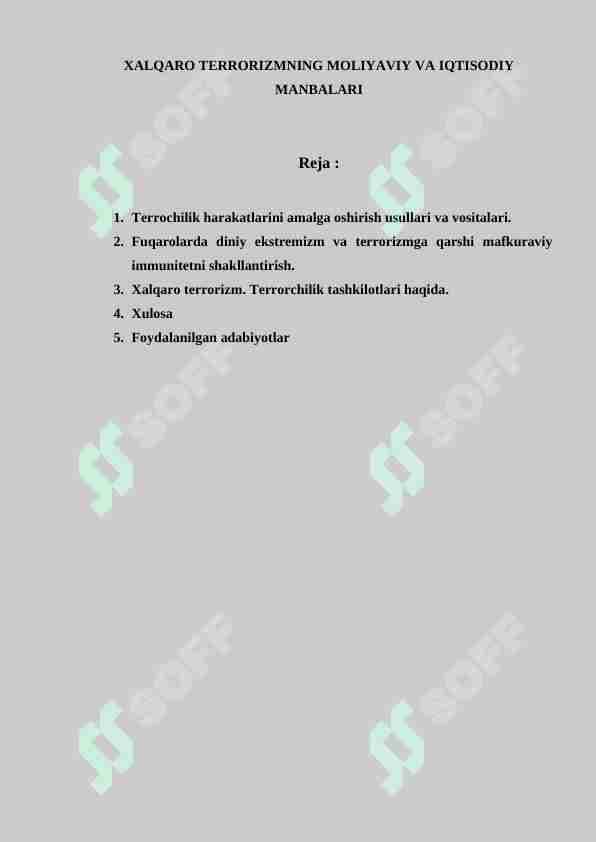 Xalqaro terrorizmning moliyaviy va iqtisodiy manbalari