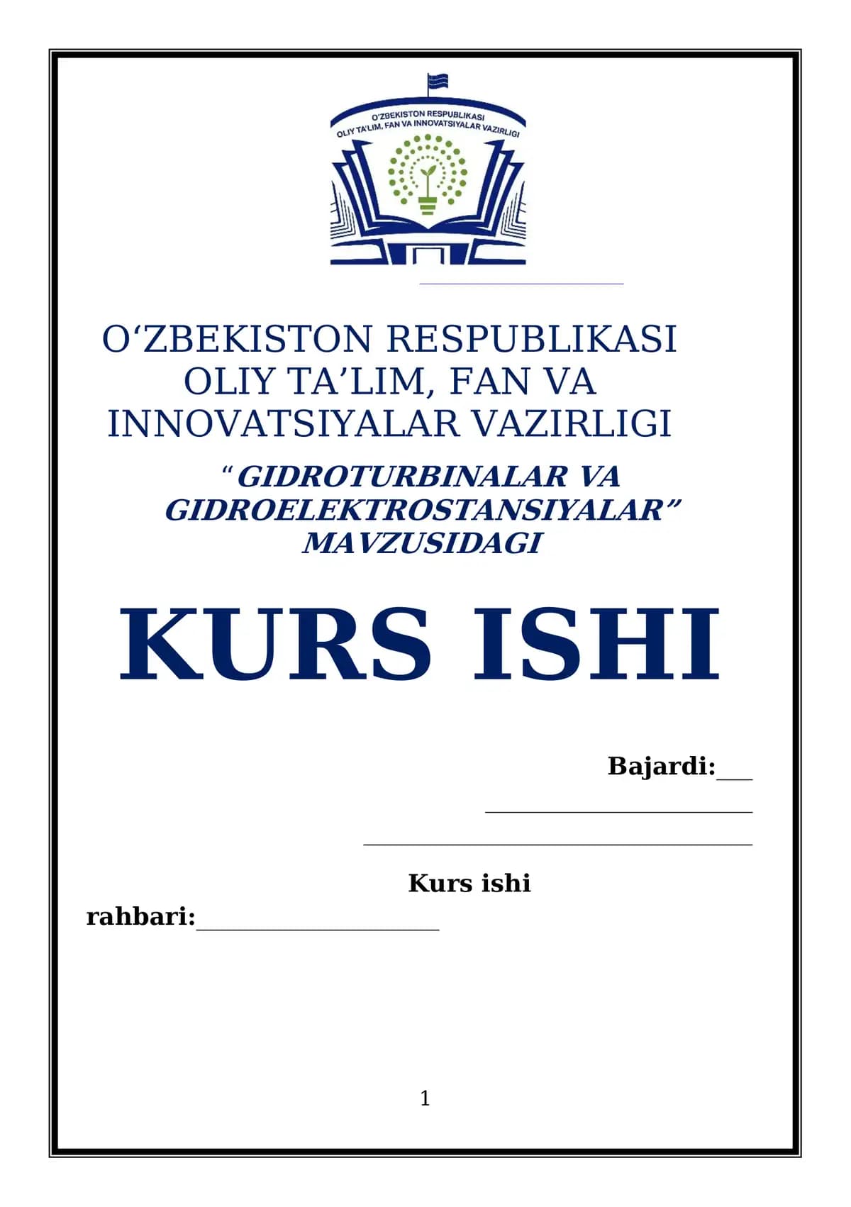 Gidroturbinalar va Gidroelektrostansiyalar Mavzusidagi Kurs Ishi