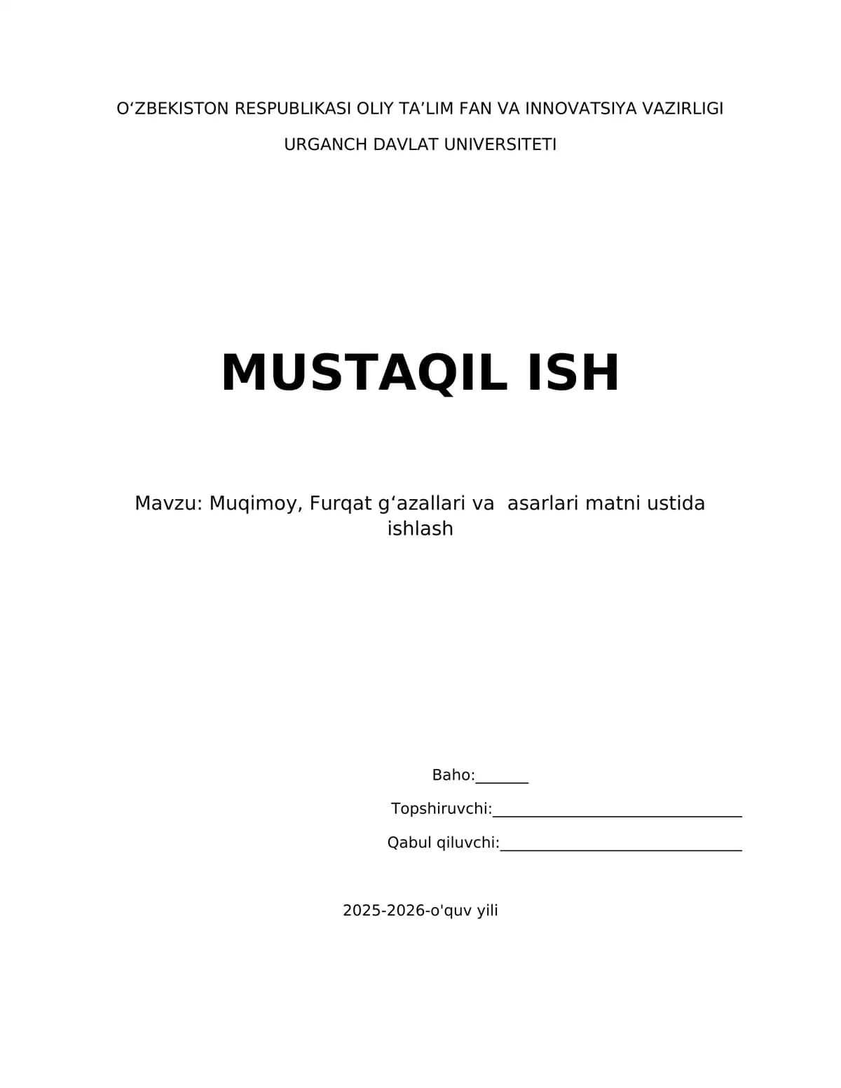 ##Muqimiy, Furqat gʻazallari va asarlari matni ustida ishlash