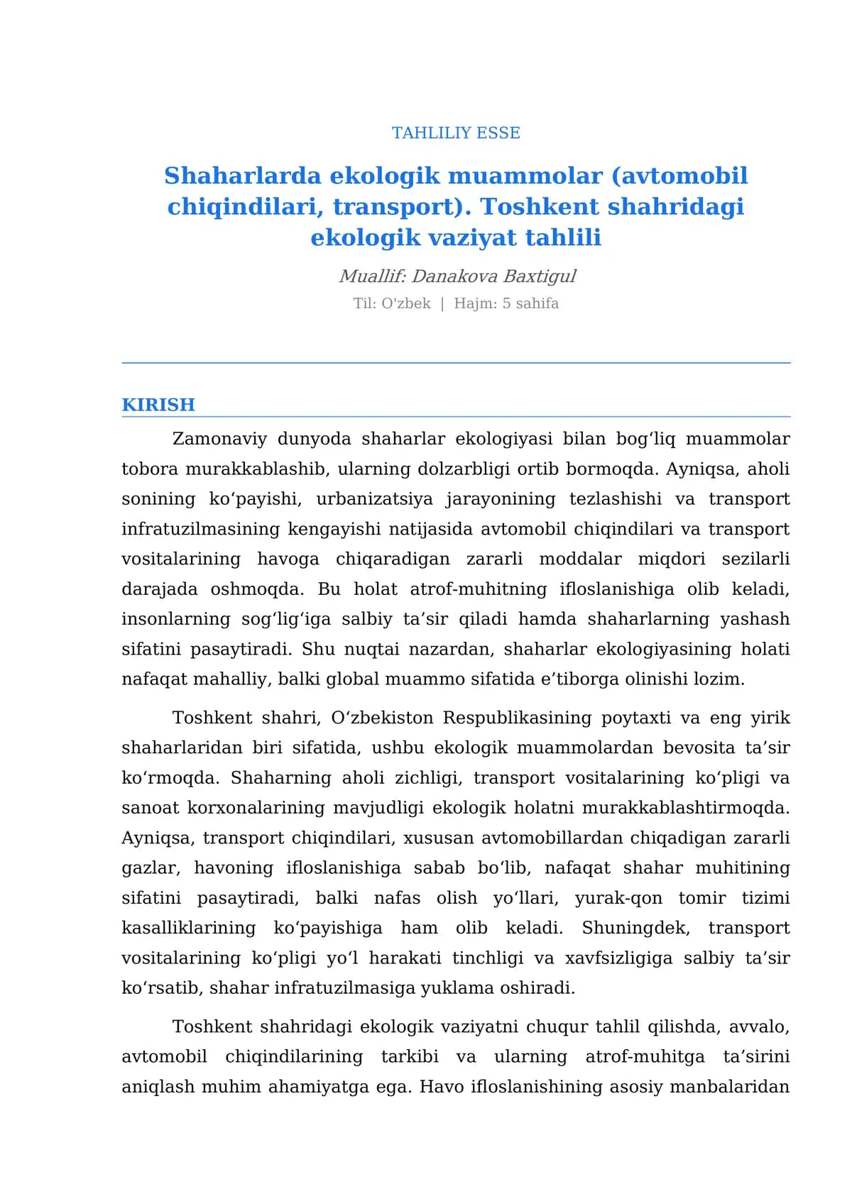 Tahliliy Esse: Shaharlarda ekologik muammolar va Toshkent shahri ekologik vaziyati tahlili