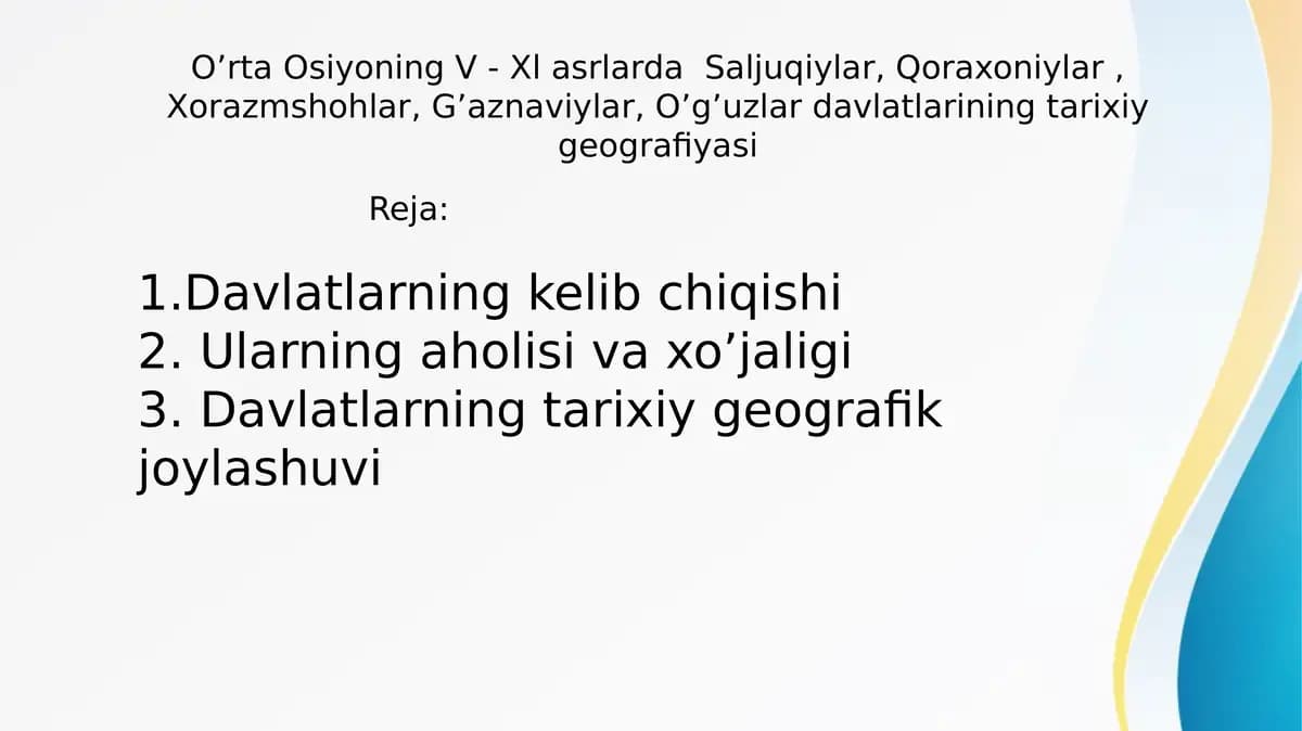 O’rta Osiyo davlatlarining V-XI asrlarda tarixiy geografiyasi