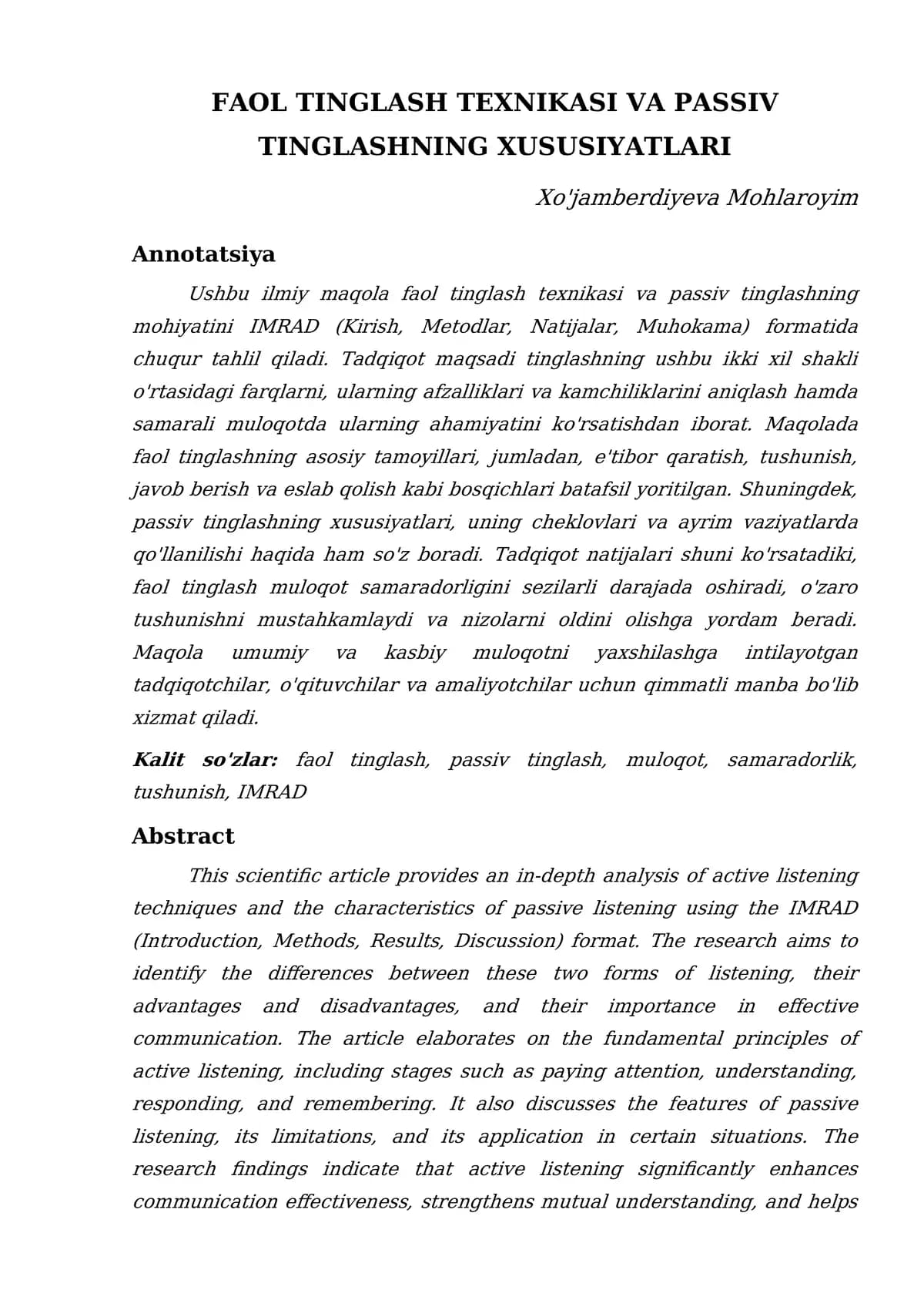 FAOL TINGLASH TEXNIKASI VA PASSIV TINGLASHNING XUSUSIYATLARI