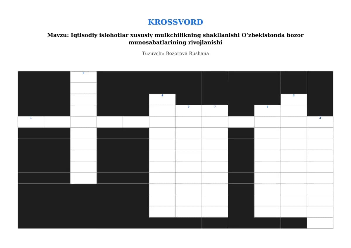 Krossvord: Iqtisodiy islohotlar, xususiy mulkchilik va bozor munosabatlari