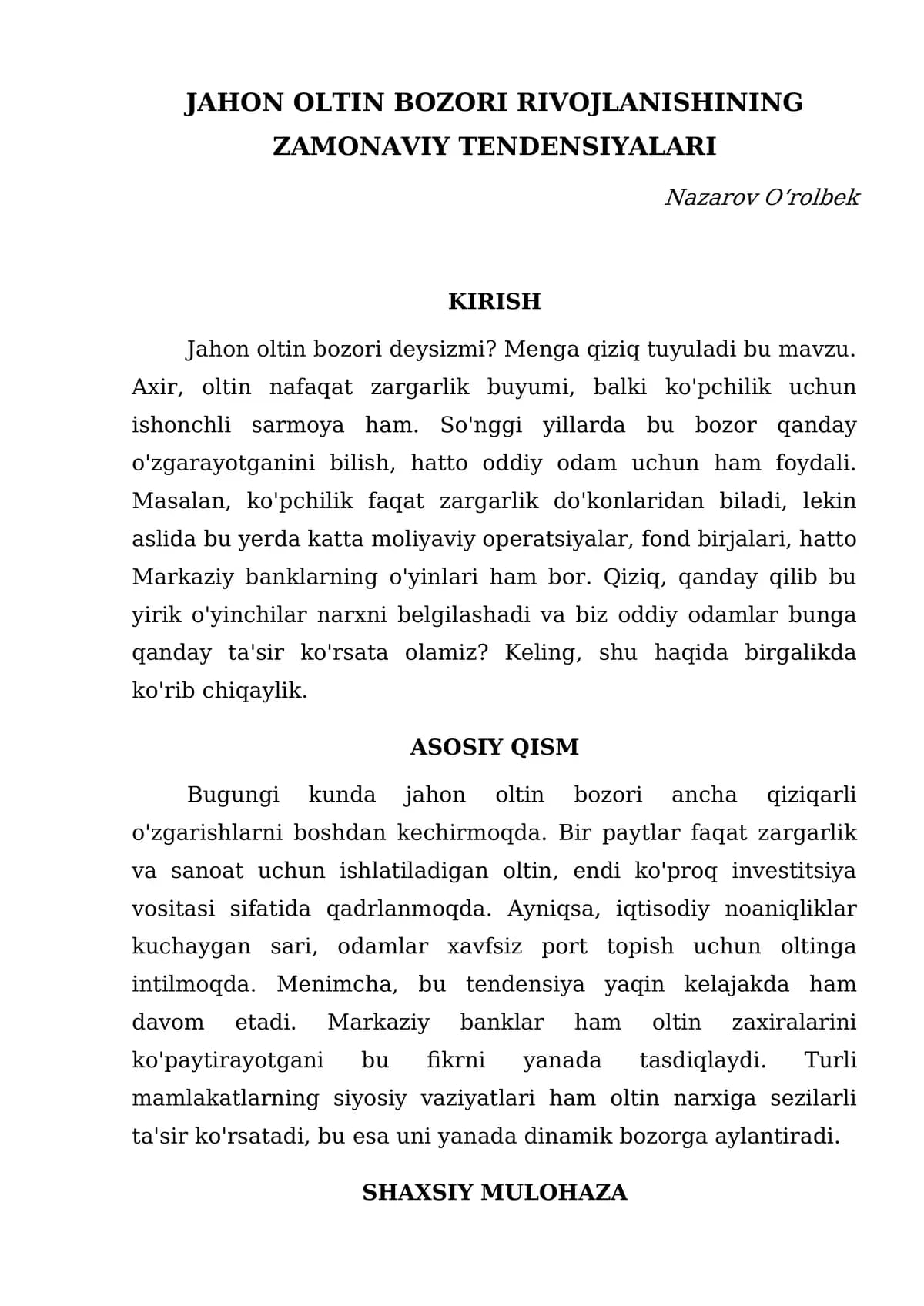 Jahon oltin bozori rivojlanishining zamonaviy tendensiyalari