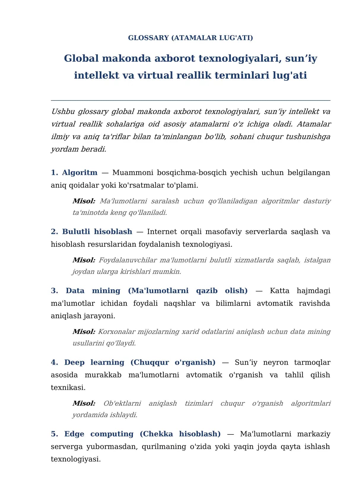 Global Makonda Axborot Texnologiyalari, Sunʼiy Intellekt va Virtual Reallik Terminlari Lug'ati