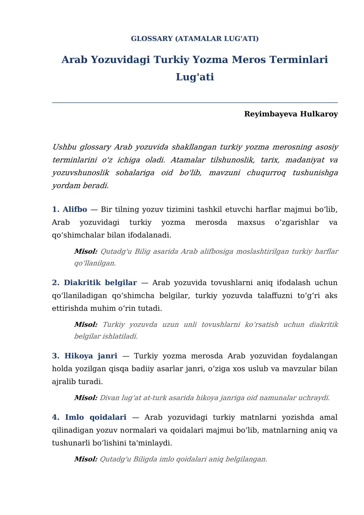Glossary of Turkish Written Heritage Terms in Arabic Script