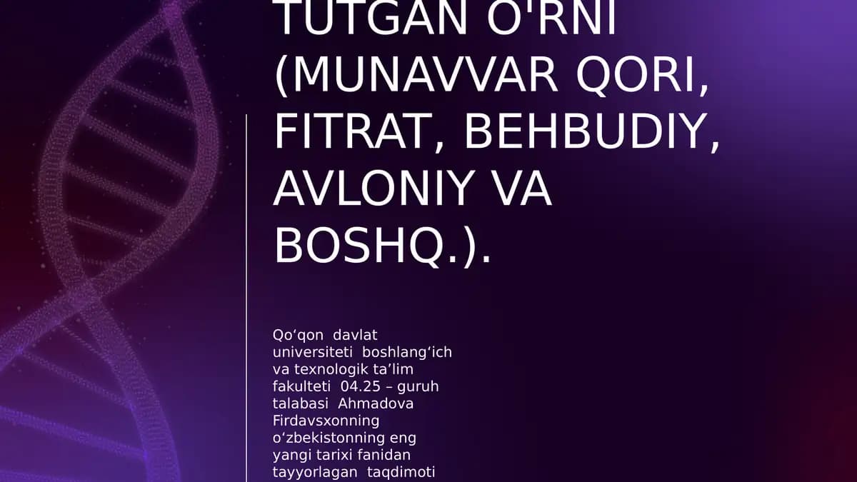 Jadid ma'rifatparvarlarining o'lka ijtimoiy-ma'naviy hayotida tutgan o'rni (Munavvar Qori, Fitrat, Behbudiy, Avloniy va boshq.).