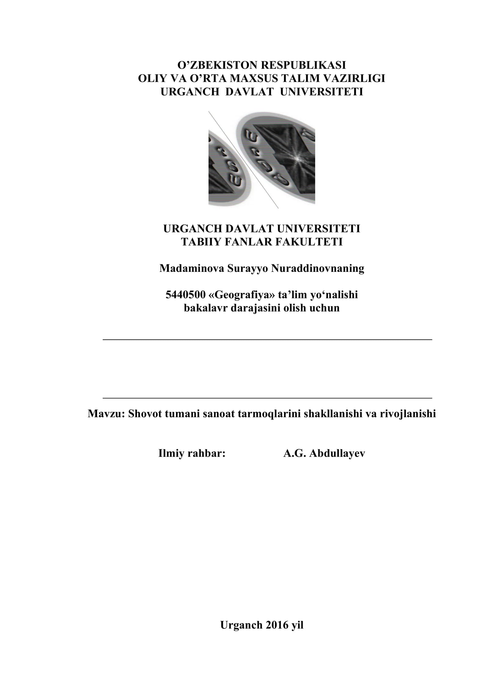 Shovot tumani sanoat tarmoqlarini rivojlanishi Kurs ishi