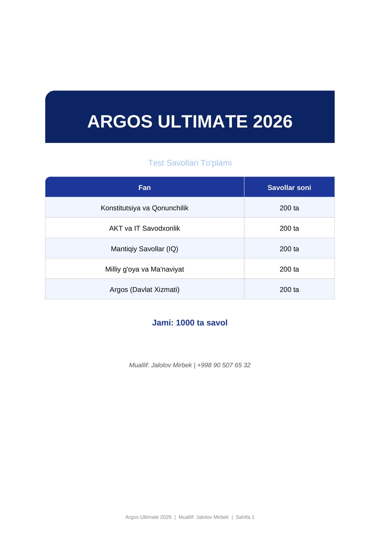 ARGOS ULTIMATE 2026 Test Savollari To'plami