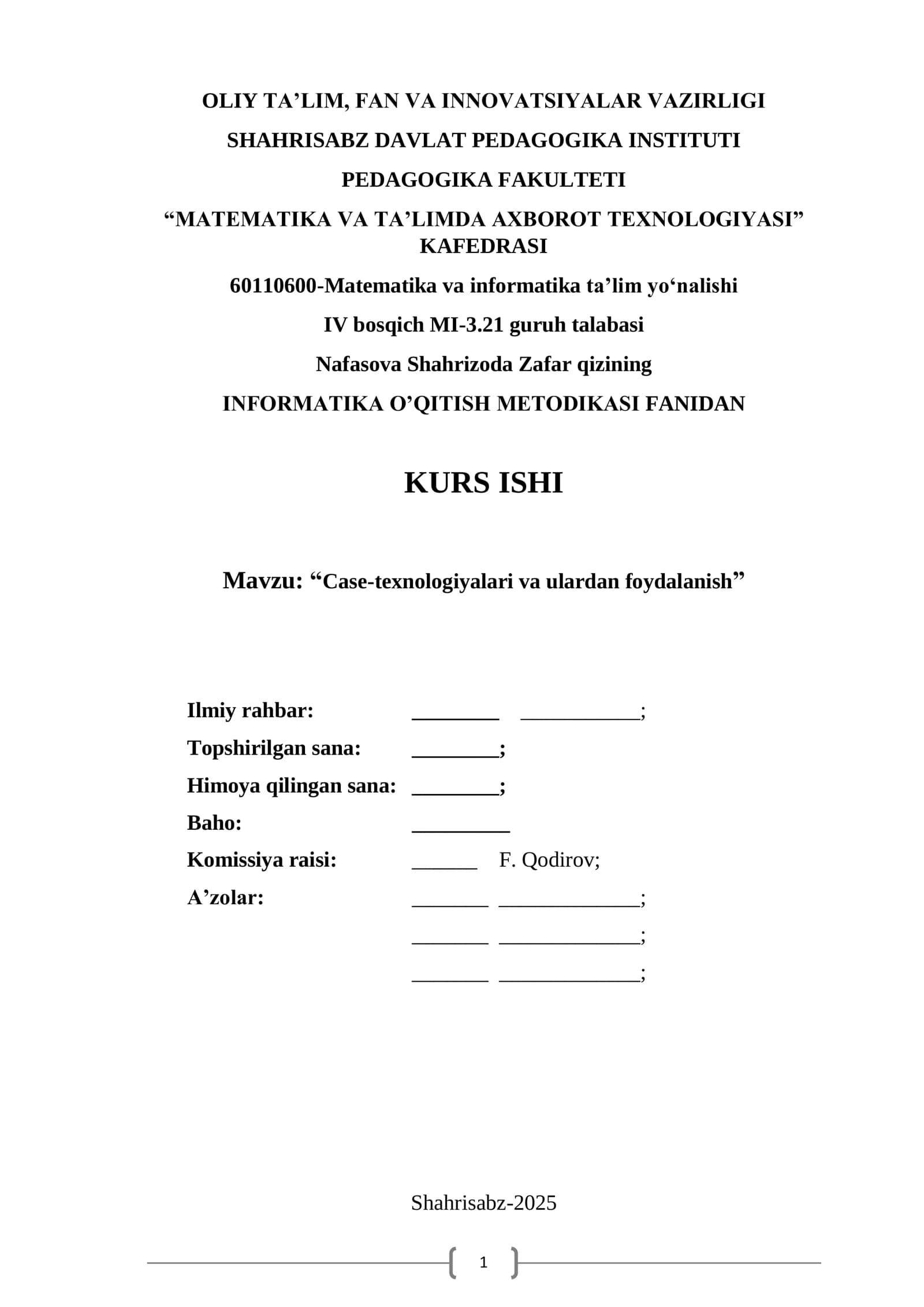 INFORMATIKA O‟QITISH METODIKASI FANIDAN KURS ISHI