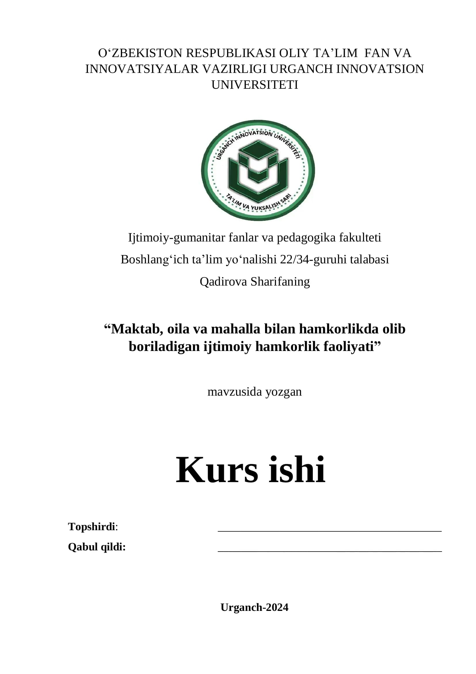 Maktab , oila  va mahalla bilan hamkorlikda olib boriladigan ijtimoiy hamkorlik faoliyati