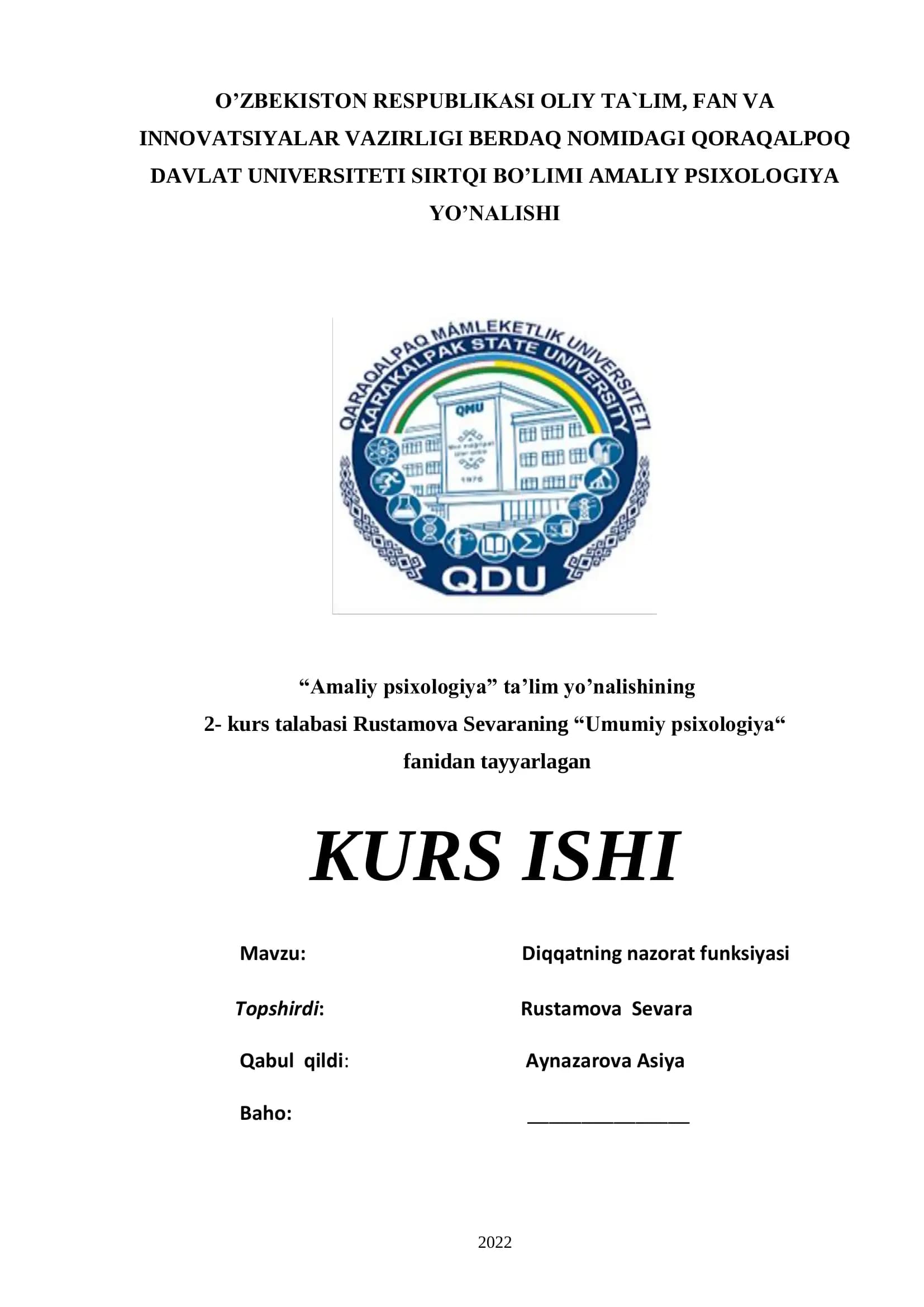Diqqatning nazorat funksiyasi kurs ishi