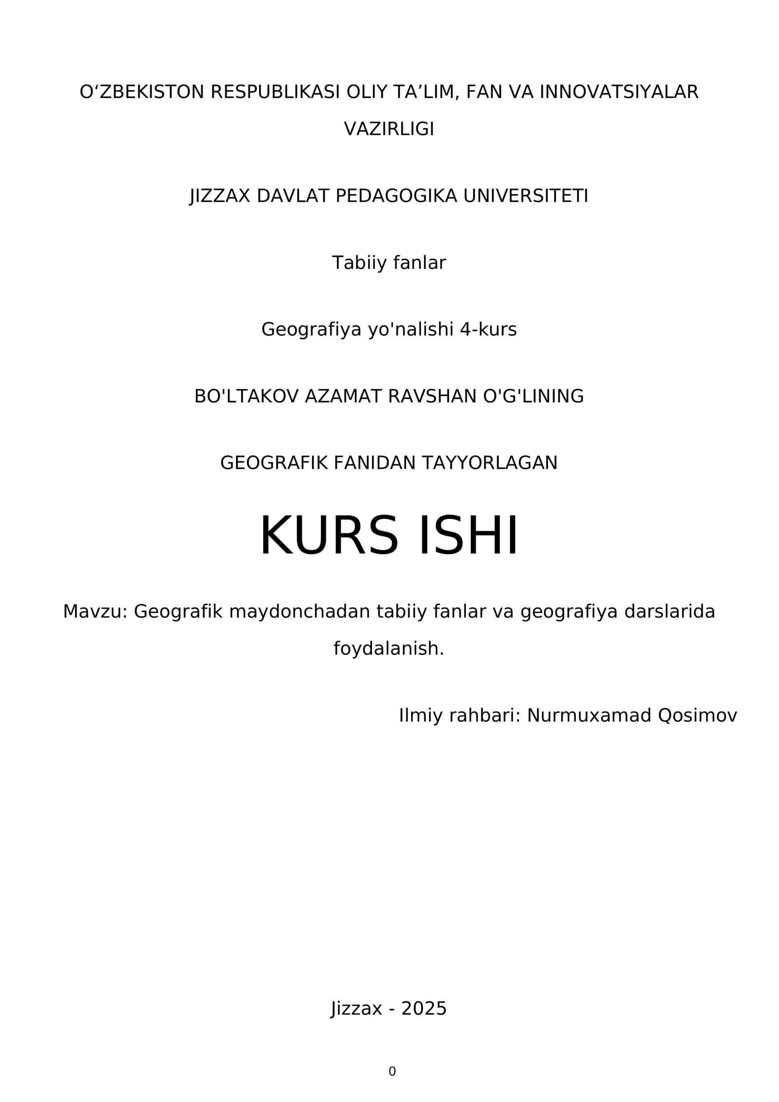 Geografik maydonchadan tabiiy fanlar va geografiya darslarida foydalanish