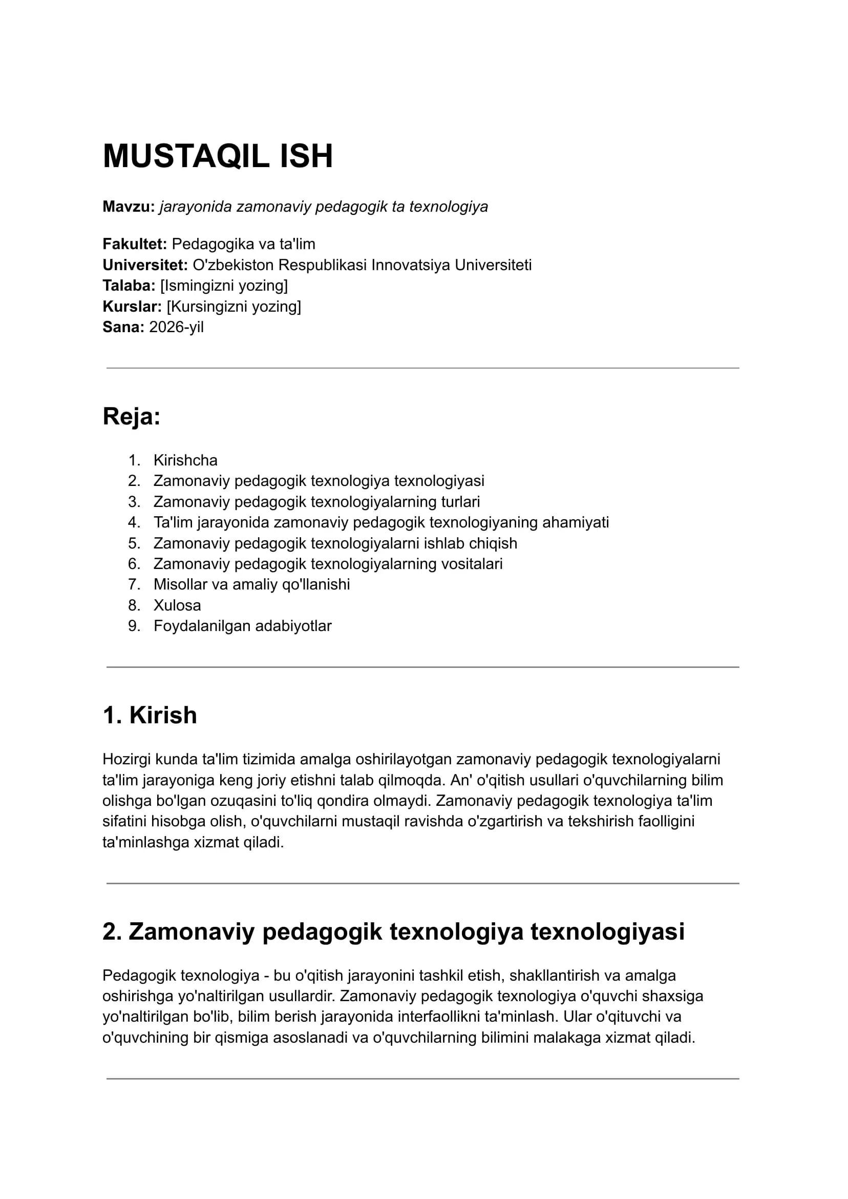 MUSTAQIL ISH  jarayonida zamonaviy pedagogik