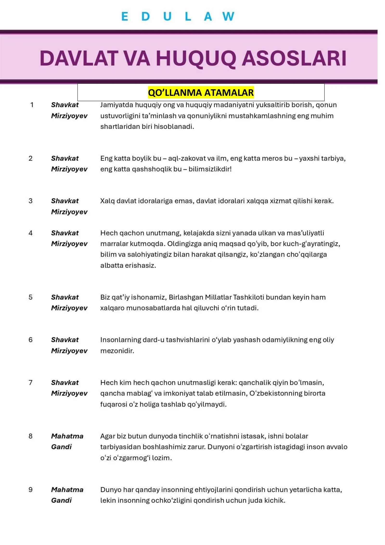 To'qqizinchi sinif davlat huquq asoslari atamalar qo'llanmasi
