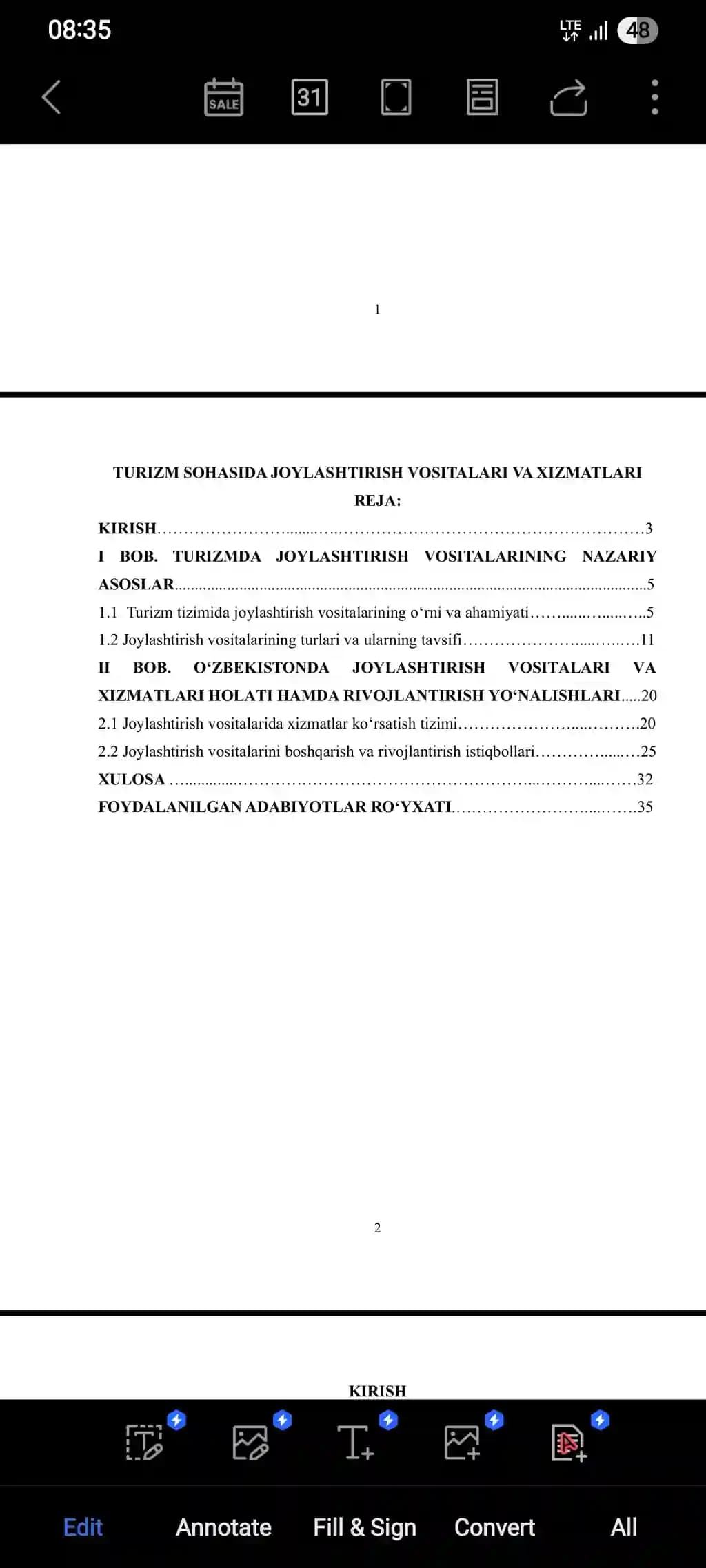 Kurs ishi: Turizm sohasida joylashtirish vositalari va xizmatlari
