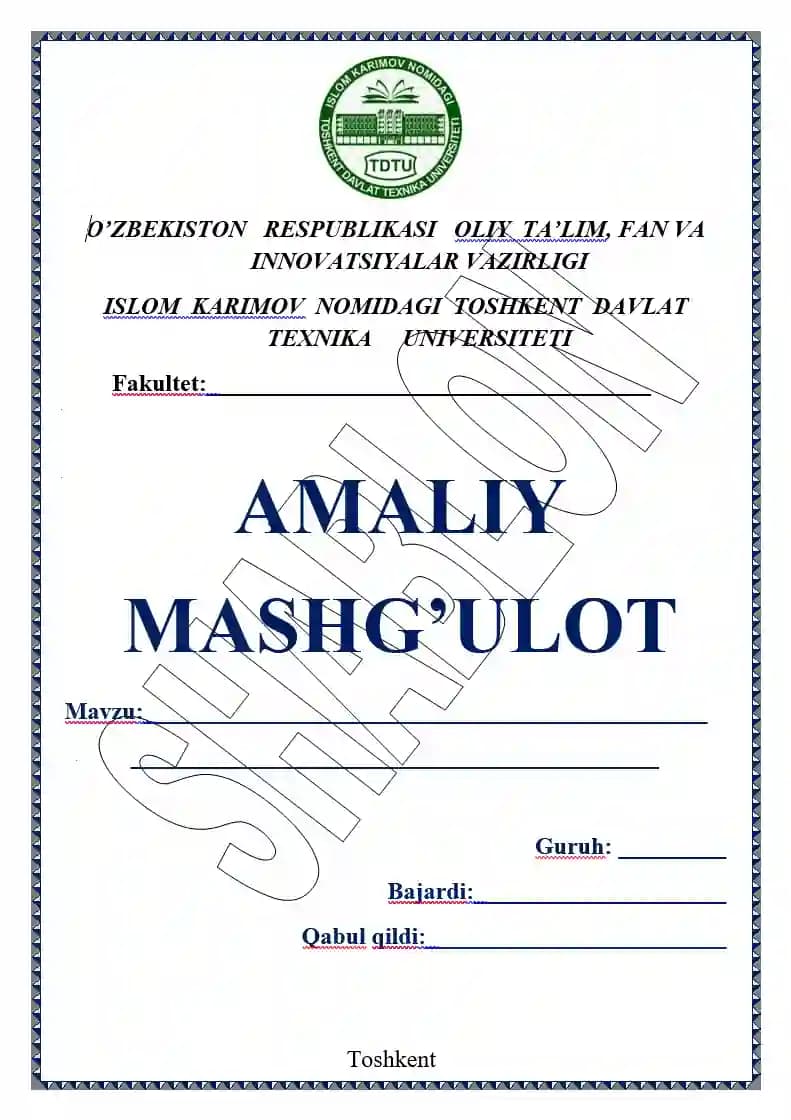 Amalioy mashg'ulot ishi yuzi TDTU