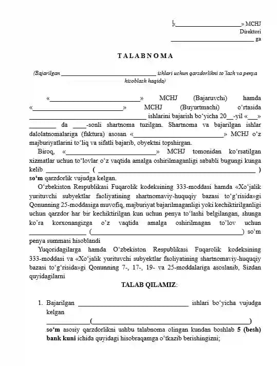 Talabnoma bajarilgan ishlar yuzasidan to'lovlarni undirish yuzasidan