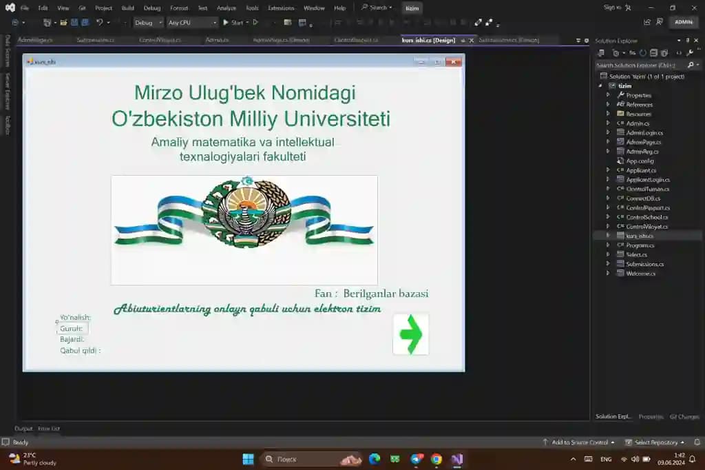 C# (winform) dasturlash tilida Abituriyentlarni ro'yxatga olishga taqlid qilingan tizim.