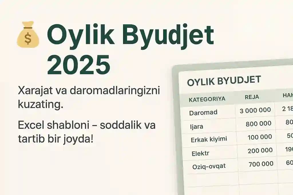 Oylik Budjet Excel Fayli — Daromad va Xarajat Nazorati (2025)