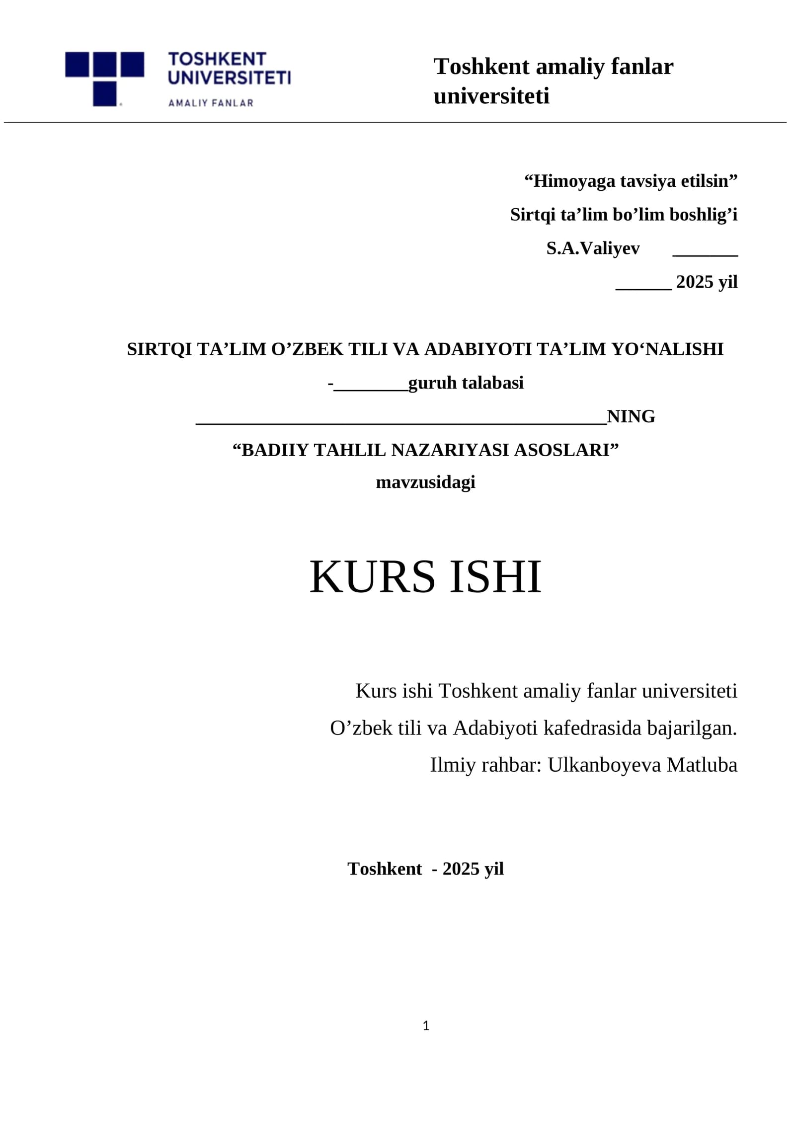 BADIIY TAHLIL NAZARIYASI KURS ISHI ONA  TILIDAN