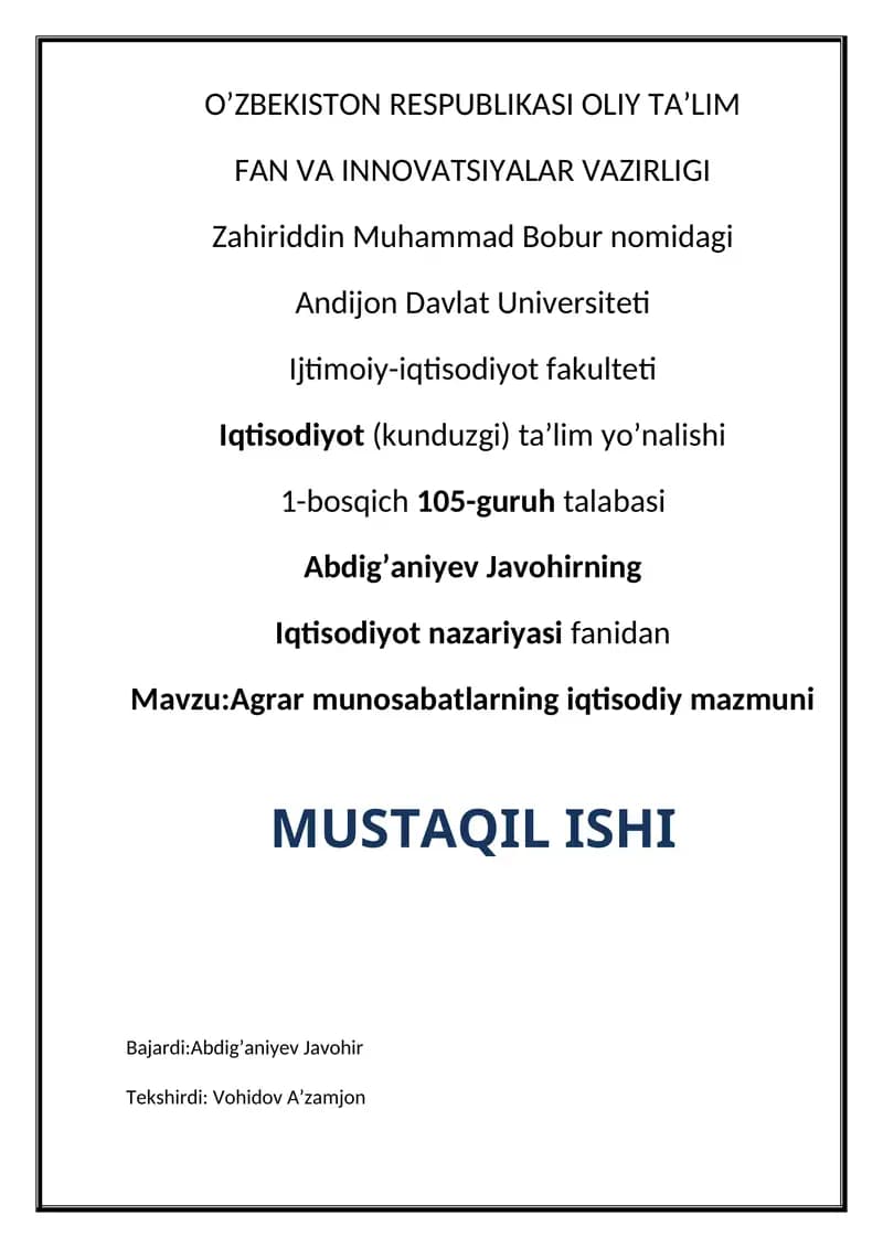 Agrar munosabatlarning iqtisodiy muammosi