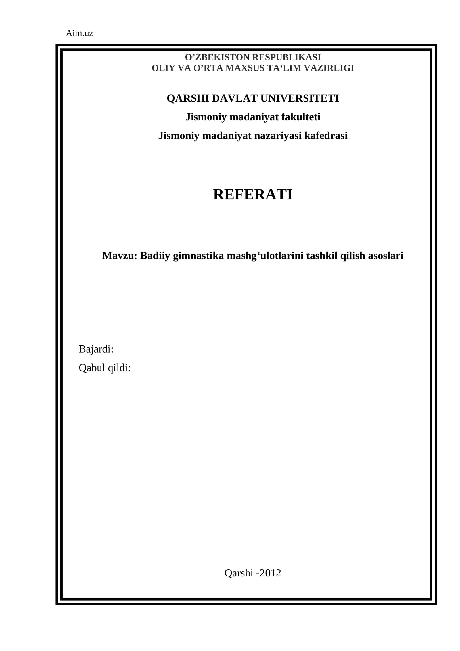 Badiiy gimnastika mashgʻulotlarini tashkil qilish asoslari
