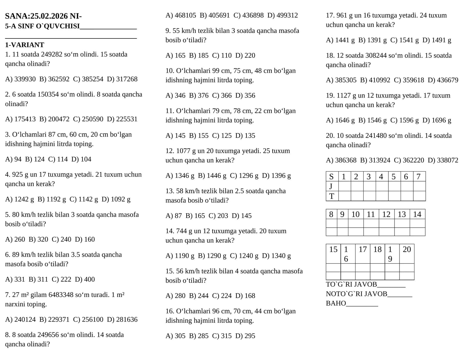Matematika fanidan test topshiriqlari 5-sinflar uchun