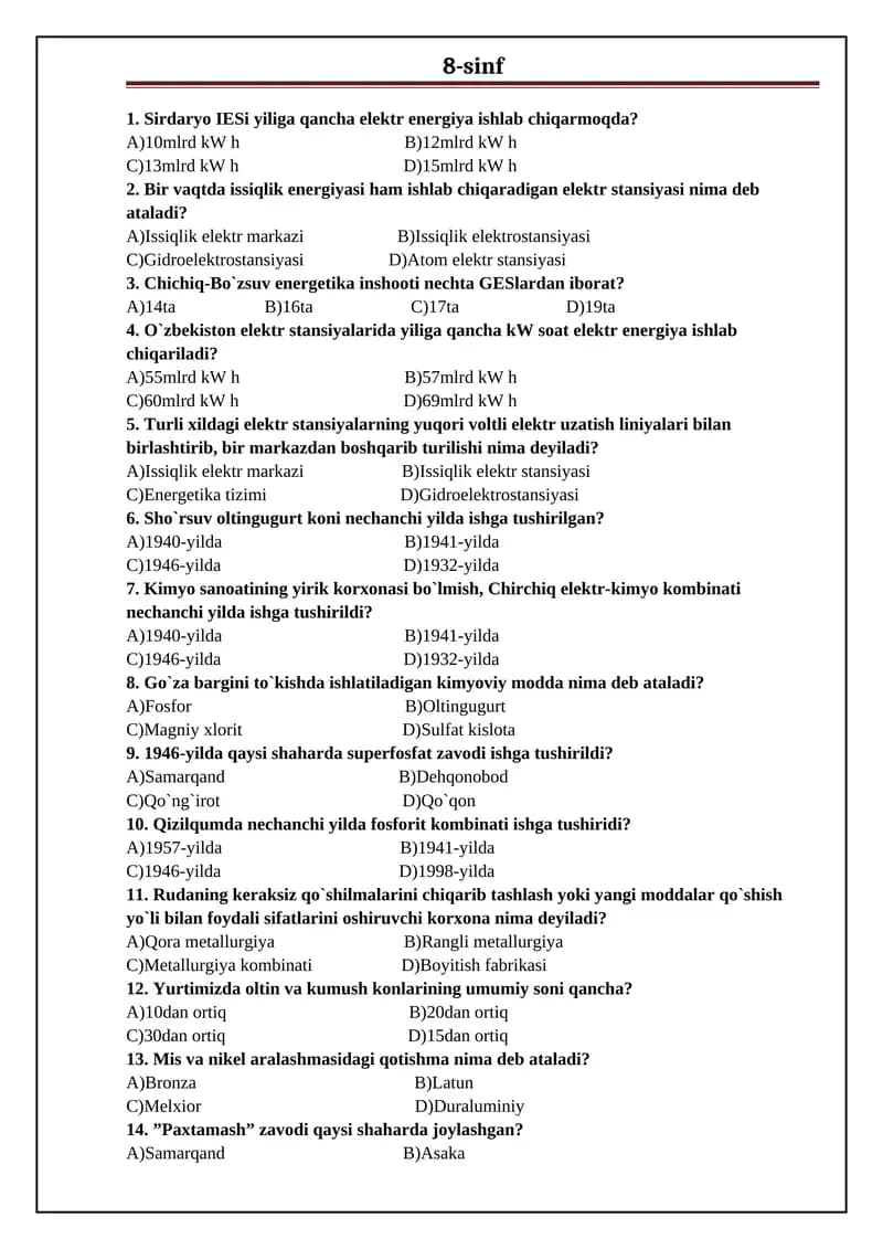 8-sinf darsligi asosida tuzilgan test. Geografiya.