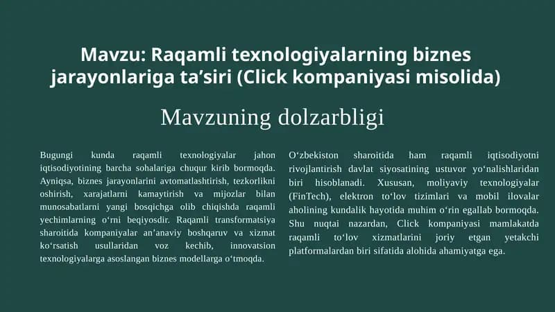 Raqamli texnologiyalarning biznes jarayonlariga taʼsiri(Clickkompaniyasimisolida)