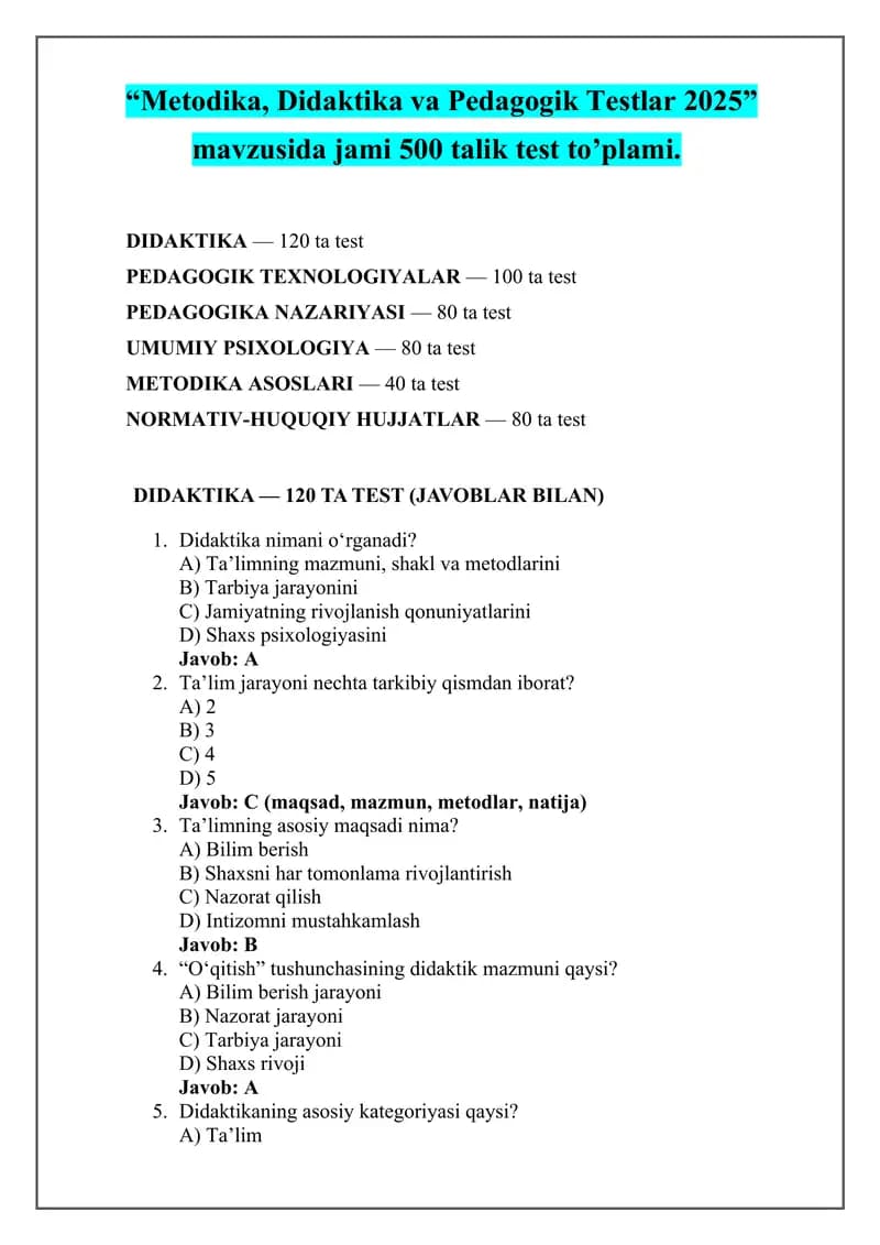 “Umumiy Pedagogika, Metodika, Didaktika Testlari Javoblari bilan 2025”