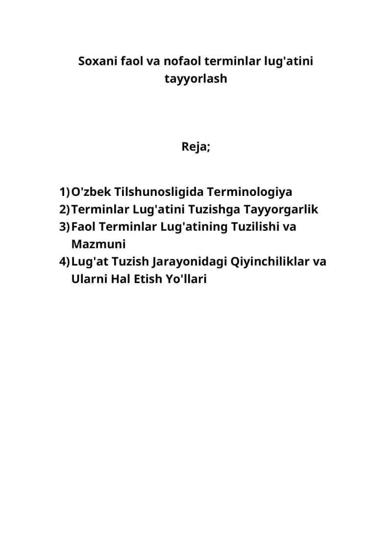 Soxani faol va nofaol terminlar lug'atini tayyorlash