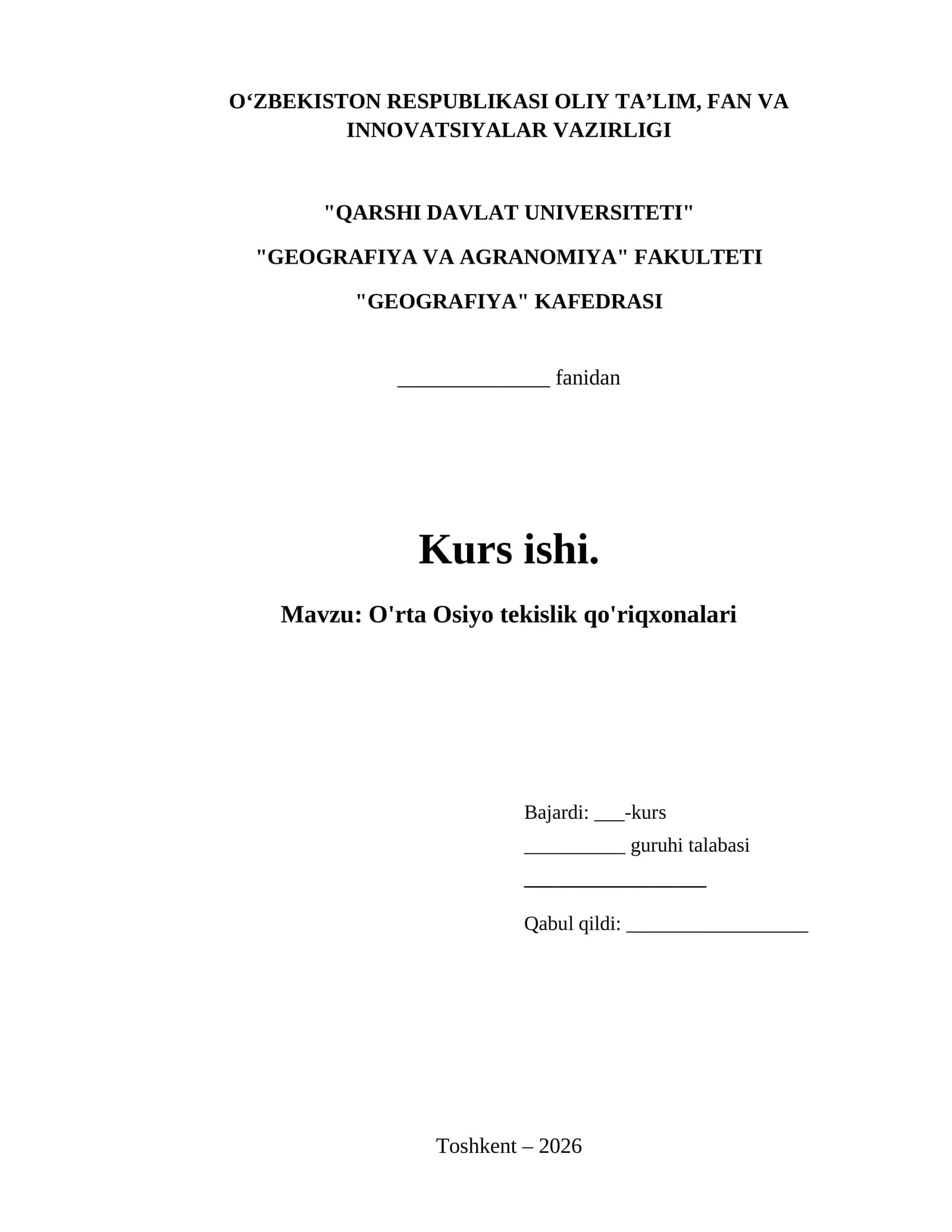 O'rta Osiyo tekislik qo'riqhonalari kurs ishi