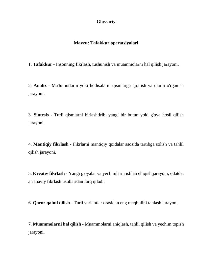 Tafakkur operatsiyalari Glossariy