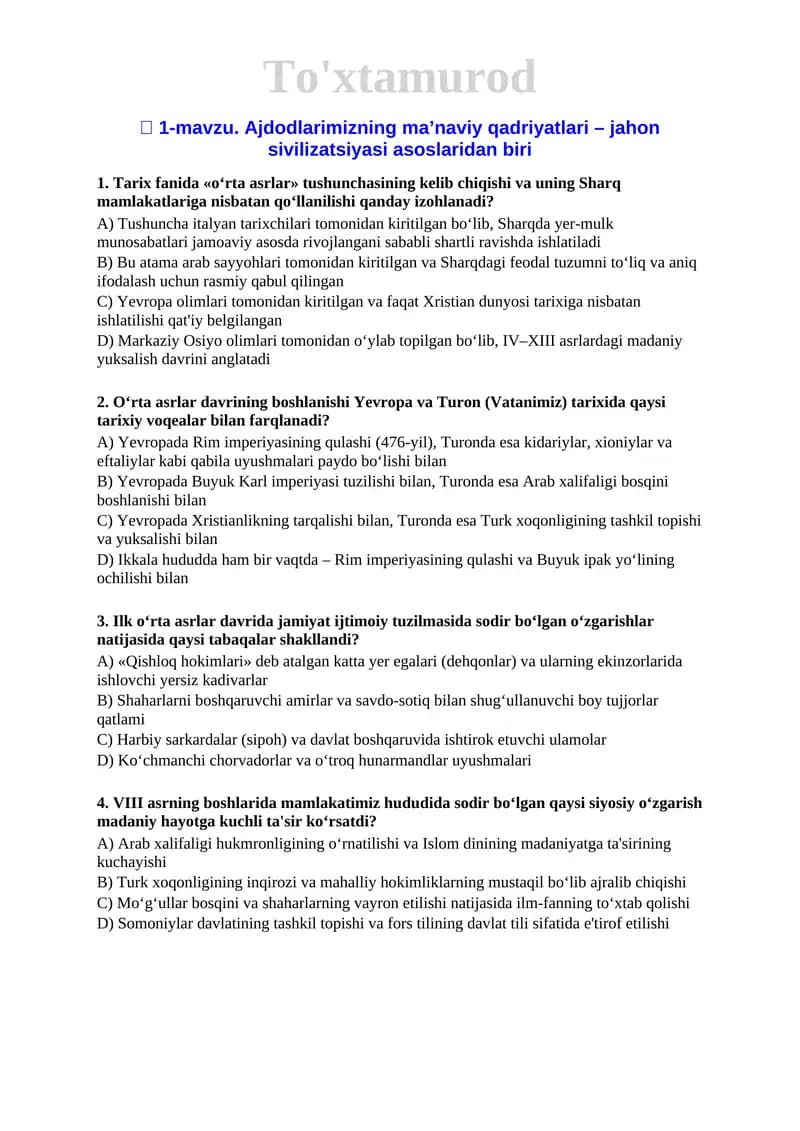 7 O'zbekiston tarix 2024 mavzulashtirilgan testlar