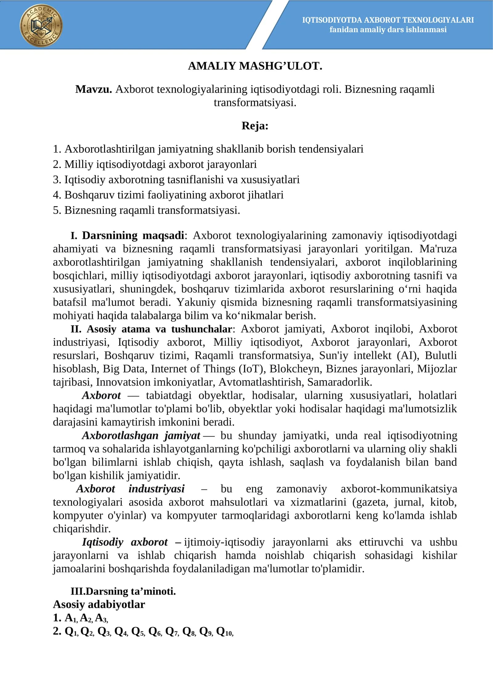 Axborot texnologiyalari iqtisodiyotdagi roli amaliy dars